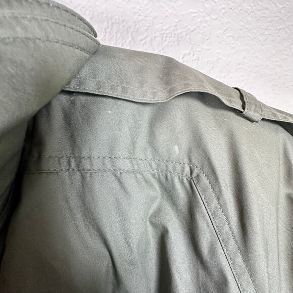 Gallery Green Long Trench Coat Size 12 Removable Lining Leather Contrast - Picture 9 of 13